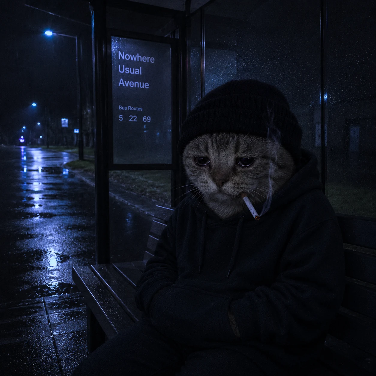 Doomer Cat waiting at a bus stop in the rain