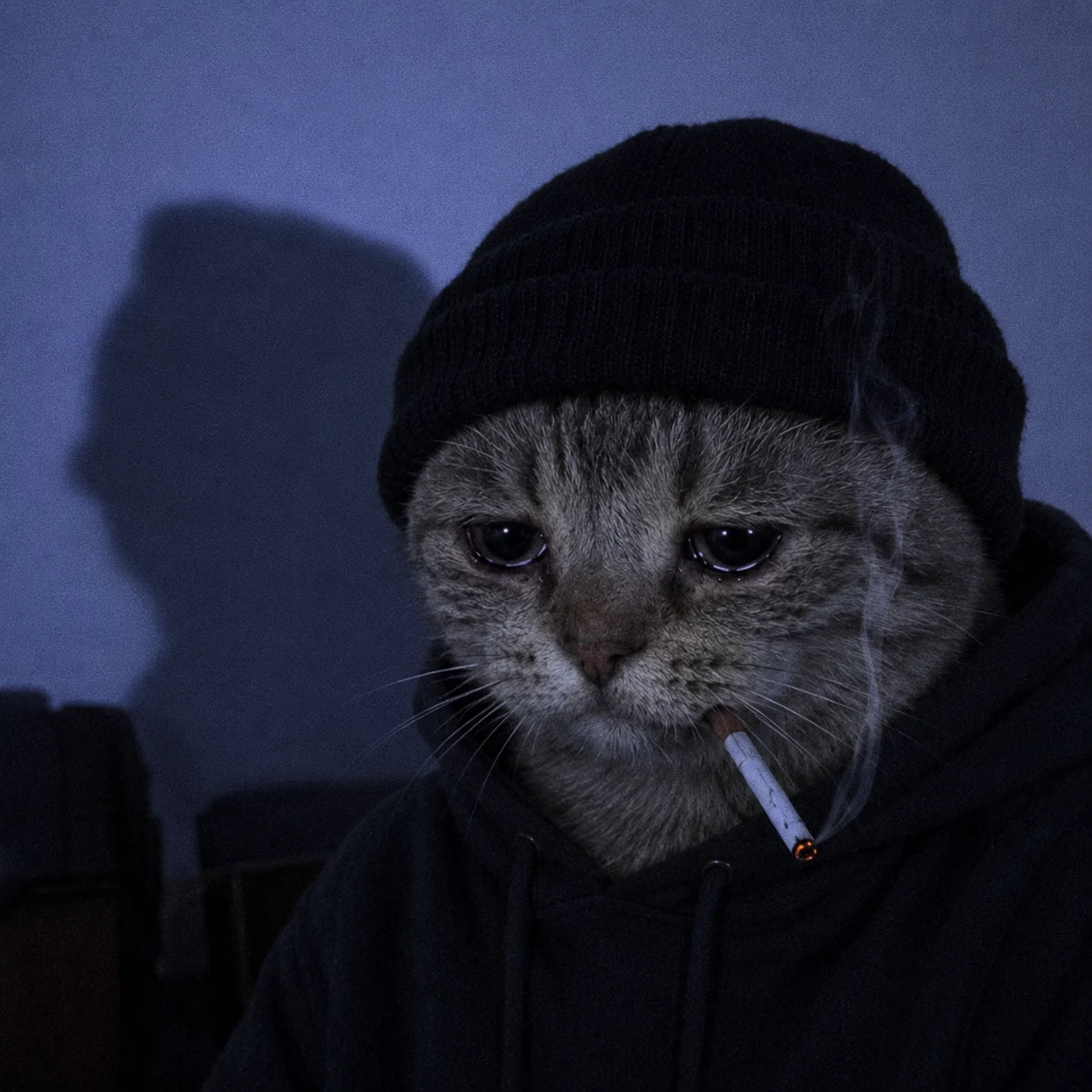 Doomer Cat close up at night